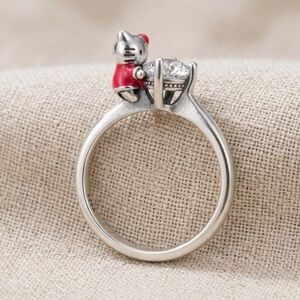 Sterling Silver Red Cat Accent Ring with Cubic Zirconia
